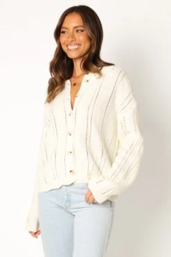 Simone Button Front Collar Knit Sweater - White -Giordano Style petal and pup usa knitwear simone button front collar knit sweater white 33987174072497