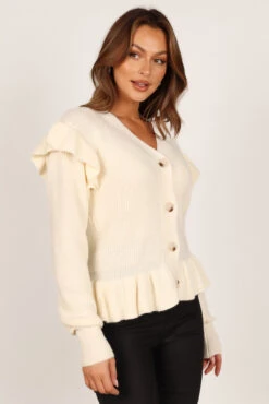 Stella Ruffle Shoulder Button Up Cardigan - Cream -Giordano Style petal and pup usa knitwear stella ruffle shoulder button up cardigan cream 33245796237489