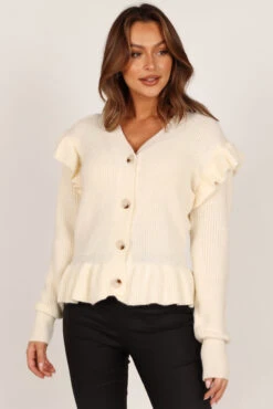 Stella Ruffle Shoulder Button Up Cardigan - Cream -Giordano Style petal and pup usa knitwear stella ruffle shoulder button up cardigan cream 33245796270257
