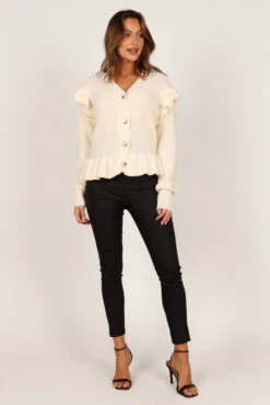 Stella Ruffle Shoulder Button Up Cardigan - Cream -Giordano Style petal and pup usa knitwear stella ruffle shoulder button up cardigan cream 33245796303025