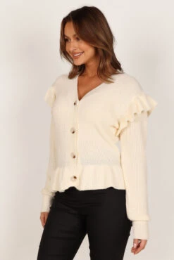 Stella Ruffle Shoulder Button Up Cardigan - Cream -Giordano Style petal and pup usa knitwear stella ruffle shoulder button up cardigan cream 33245796368561