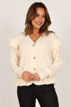 Stella Ruffle Shoulder Button Up Cardigan - Cream