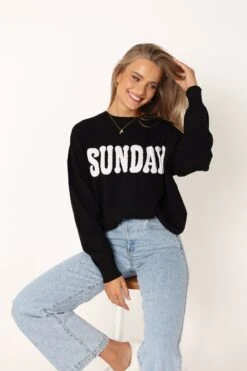 Sunday Crewneck Knit Sweater - Black -Giordano Style petal and pup usa knitwear sunday crewneck knit sweater black 34024227766449
