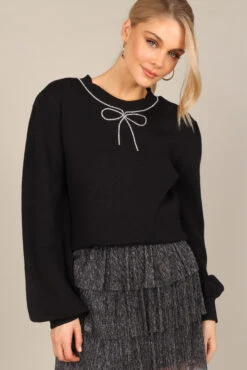 Taylor Rhinestone Bow Knit Sweater - Black