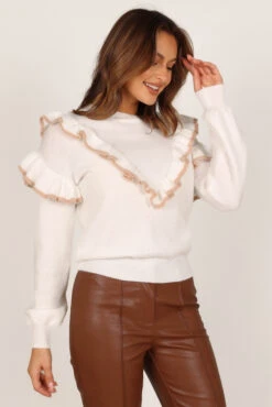 Tessa Ruffle Detail Knit Sweater - White 18 Tessa Ruffle Detail Knit Sweater - White -Giordano Style petal and pup usa knitwear tessa ruffle detail knit sweater white 33245851058353