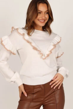 Tessa Ruffle Detail Knit Sweater - White