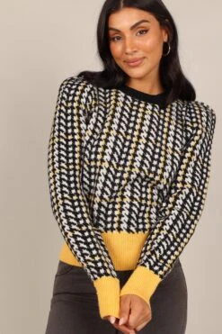 Tina Houndstooth Knit Sweater - Black/Mustard