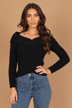 Valerie Off Shoulder Knit Sweater - Black
