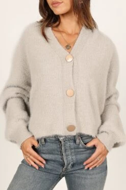Willow Fuzzy Large Button Cardigan - Light Grey