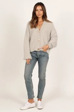 Willow Fuzzy Large Button Cardigan - Light Grey -Giordano Style petal and pup usa knitwear willow fuzzy large button cardigan light grey 33381630673073