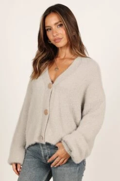 Willow Fuzzy Large Button Cardigan - Light Grey -Giordano Style petal and pup usa knitwear willow fuzzy large button cardigan light grey 33381630705841