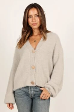 Willow Fuzzy Large Button Cardigan - Light Grey -Giordano Style petal and pup usa knitwear willow fuzzy large button cardigan light grey 33381630869681