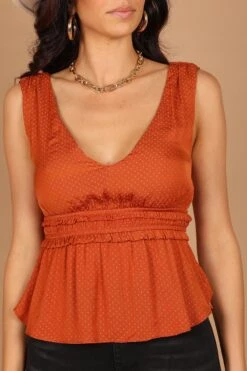 Alicia V Neck Peplum Top - Rust -Giordano Style petal and pup usa tops alicia v neck peplum top rust 32486586613937
