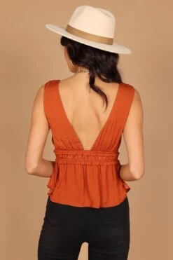 Alicia V Neck Peplum Top - Rust -Giordano Style petal and pup usa tops alicia v neck peplum top rust 32486586712241