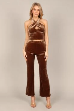 CELINE VELVET HALTER TOP - BROWN -Giordano Style petal and pup usa tops celine velvet halter top brown 32837740527793