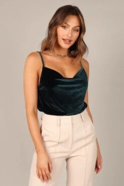 Demi Velvet Cowl Neck Cami Top - Hunter Green -Giordano Style petal and pup usa tops demi velvet cowl neck cami top hunter green 32751515861169
