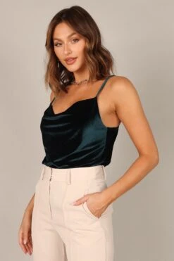 Demi Velvet Cowl Neck Cami Top - Hunter Green -Giordano Style petal and pup usa tops demi velvet cowl neck cami top hunter green 32751515893937
