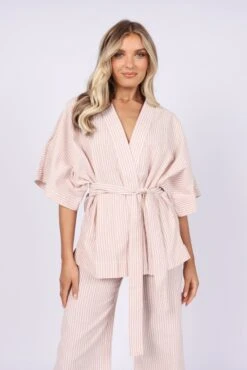 Henry Wrap Top - Beige Stripe -Giordano Style petal and pup usa tops henry wrap top beige stripe 32246217801905