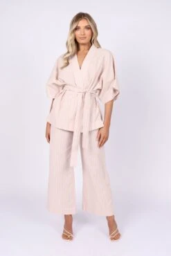 Henry Wrap Top - Beige Stripe -Giordano Style petal and pup usa tops henry wrap top beige stripe 32246217965745