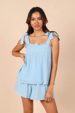 Karlee Tie Shoulder Smock Top - Blue