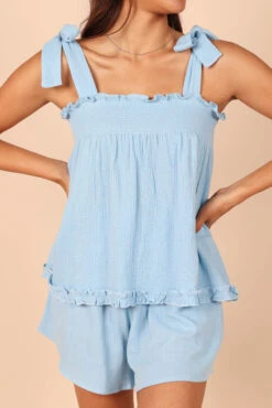 Karlee Tie Shoulder Smock Top - Blue -Giordano Style petal and pup usa tops karlee tie shoulder smock top blue 32314884817073