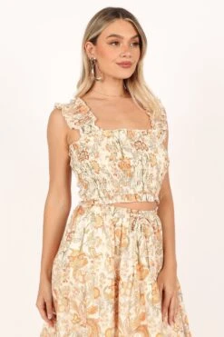 Leo Top - Tan Floral -Giordano Style petal and pup usa tops leo top tan floral 33549822165169
