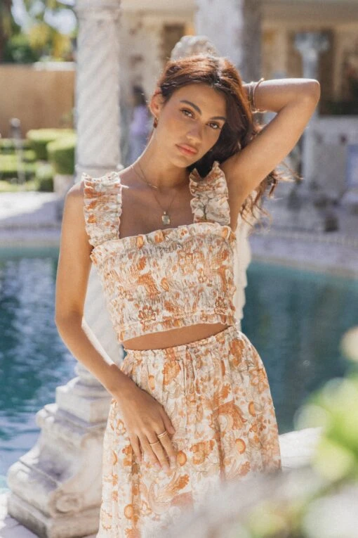 Leo Top - Tan Floral -Giordano Style petal and pup usa tops leo top tan floral 33650779193521