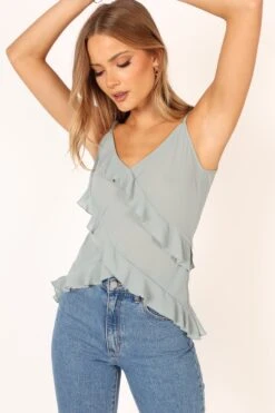 Marlow Frill Cami - Sage -Giordano Style petal and pup usa tops marlow frill cami sage 33994881663153
