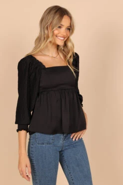 Montana Satin Babydoll Top - Black -Giordano Style petal and pup usa tops montana satin babydoll top black 32810346119345