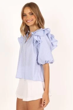 Shonee Puff Sleeve Top - Blue -Giordano Style petal and pup usa tops shonee puff sleeve top blue 33712855580849