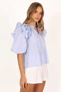 Shonee Puff Sleeve Top - Blue -Giordano Style petal and pup usa tops shonee puff sleeve top blue 33712855613617